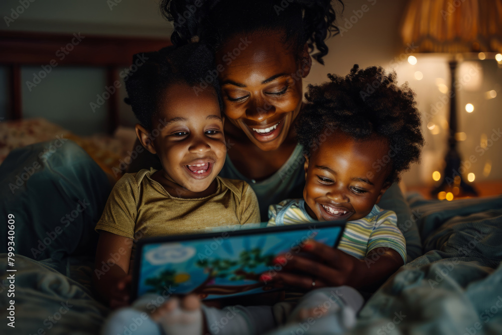 Smiling mother and two toddlers reading a bedtime story on a tablet device. Generative AI