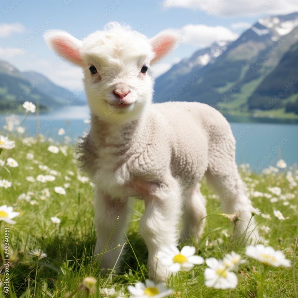 Fototapeta premium Adorable lamb standing in a mountain meadow