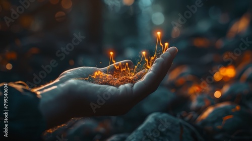 A hand holding a glowing orange crystal in the palm of their hand. The crystal is made of glowing orange particles that are flowing like liquid. The background is dark with a slight hint of green.