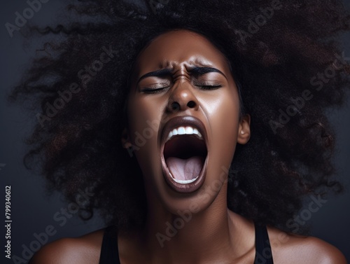 Portrait of a young woman screaming with eyes closed