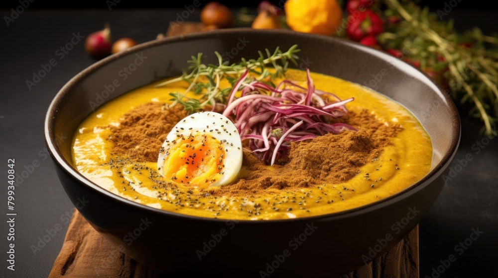 Delicious gourmet soup with egg and spices served in a bowl Delicious gourmet soup with egg and spices served in a bowl