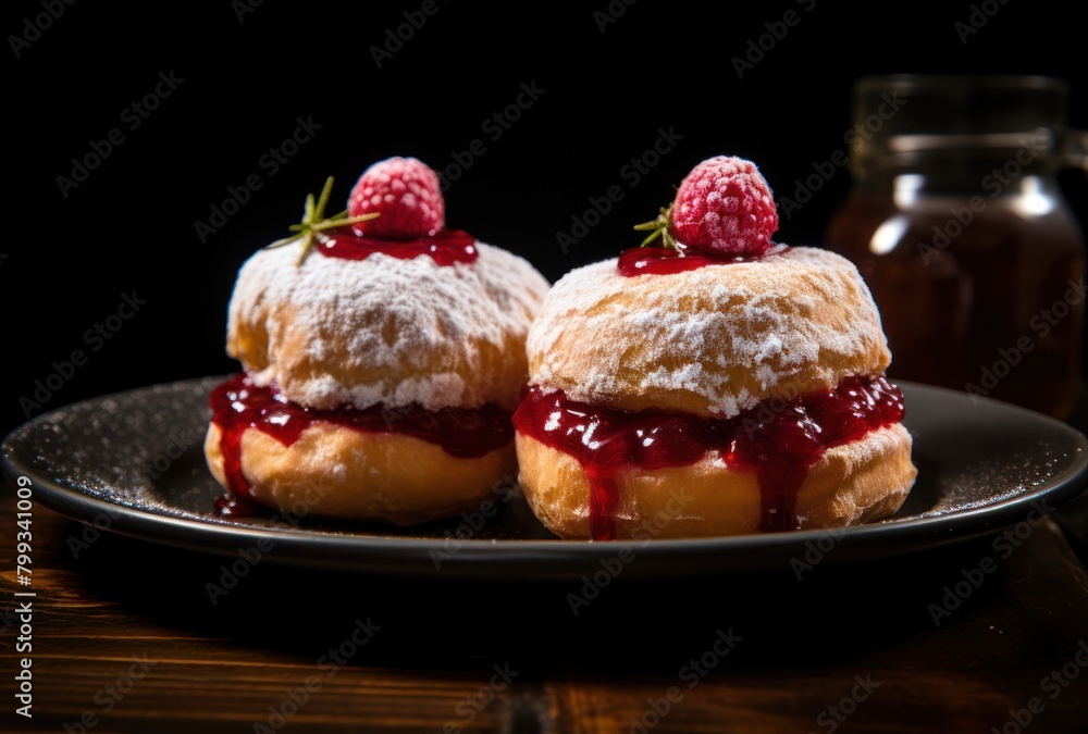 Gourmet raspberry jelly doughnuts on a dark plate Gourmet raspberry jelly doughnuts on a dark plate