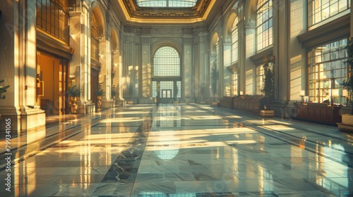 The interior of a large, opulent bank with marble floors and columns, and a coffered ceiling. photo