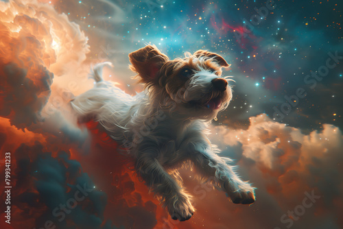 mystical dog floating with ease thorugh space.  photo