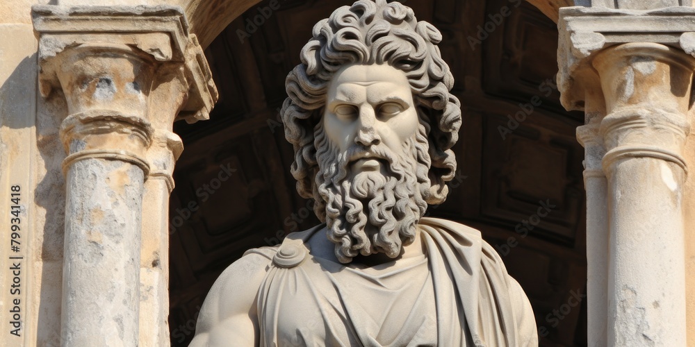 Statue of a bearded man with intricate details in a classical setting