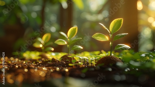 Tiny plants growing in the morning sun