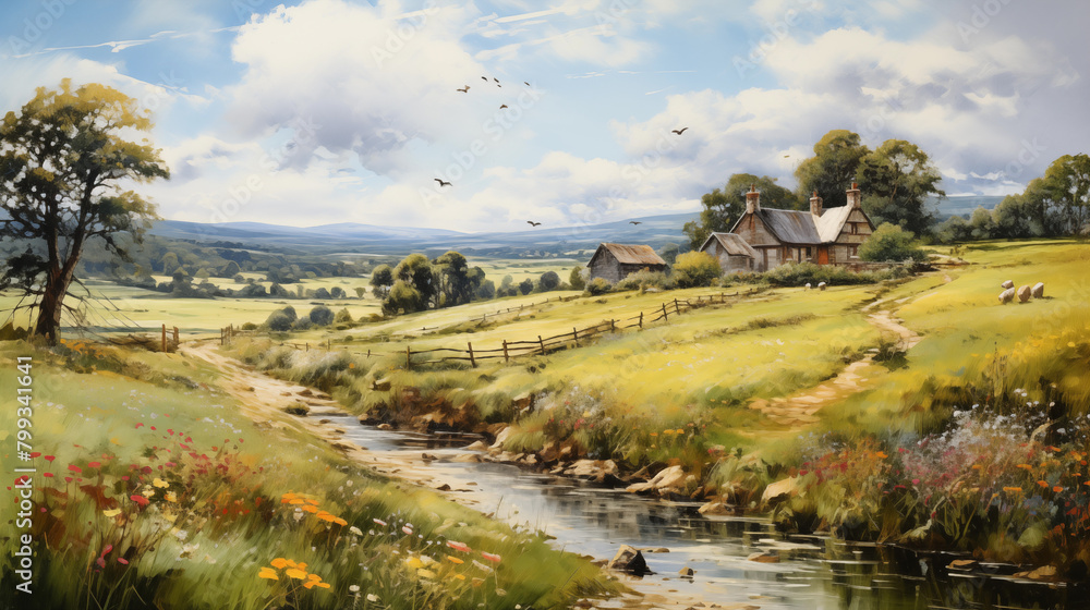 Landscape in the countryside with old house, river and clouds Landscape in the countryside with old house, river and clouds