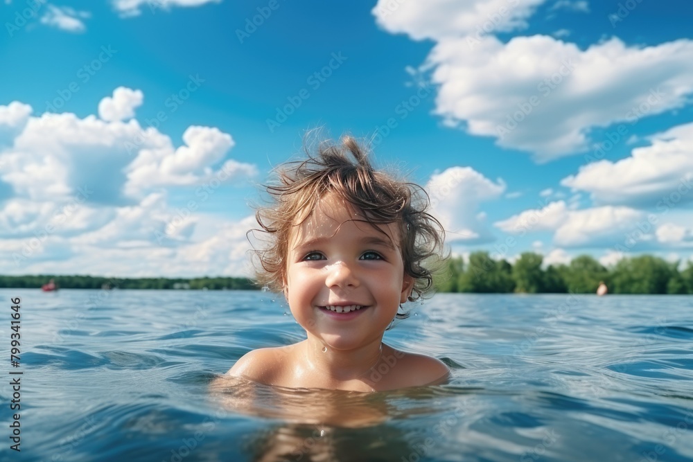 A smiling little boy is swimming in a pond against the background of the sky. A happy child is standing in the water. Close-up.