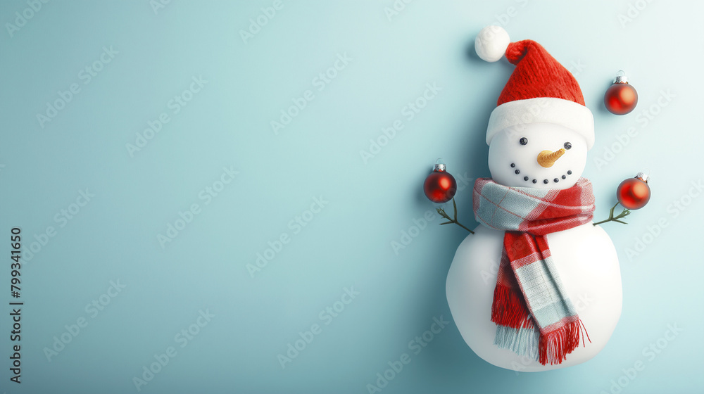 Christmas and New Year banner with snowman on a light background and copy space