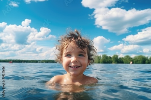 A smiling little boy is swimming in a pond against the background of the sky. A happy child is standing in the water. Close-up.