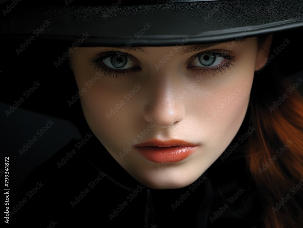 Mysterious woman in a black hat with intense gaze Mysterious woman in a black hat with intense gaze