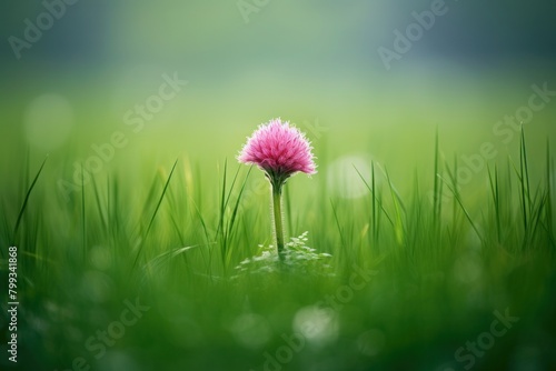 Single pink flower standing tall in lush green meadow