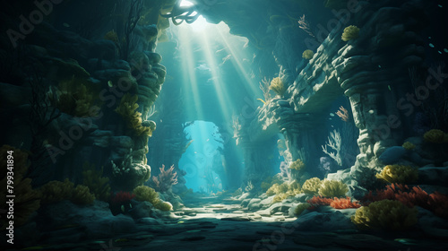 Underwater cave with reef and fishes and rays of light