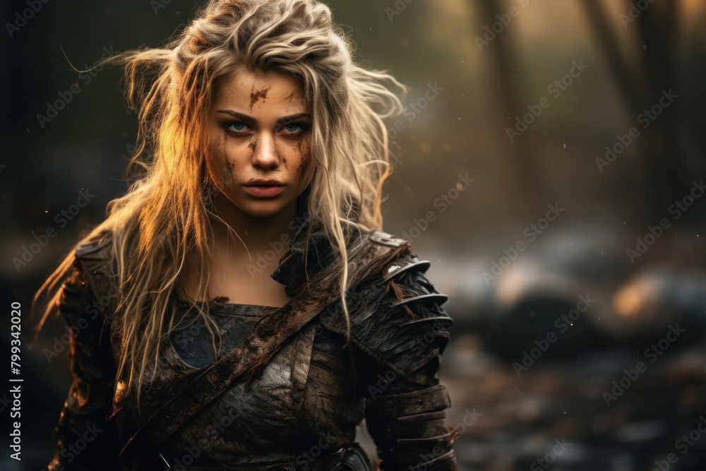 Fierce warrior woman in a mystical forest setting Fierce warrior woman in a mystical forest setting