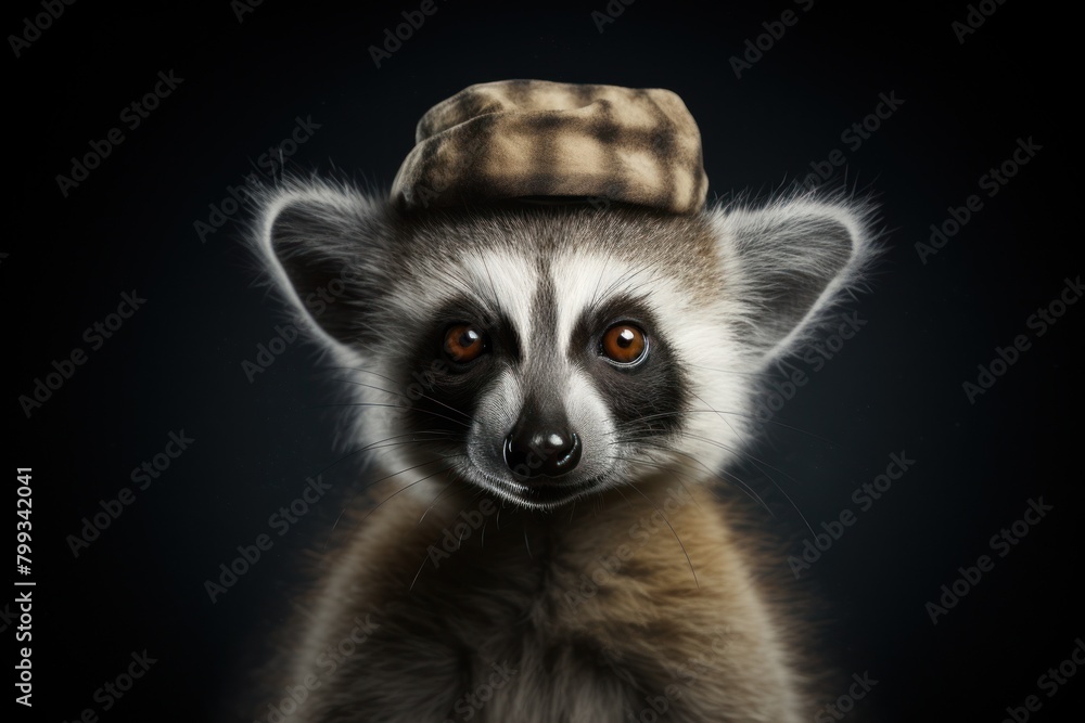 Portrait of a Lemur Wearing a Hat on a Dark Background Portrait of a Lemur Wearing a Hat on a Dark Background