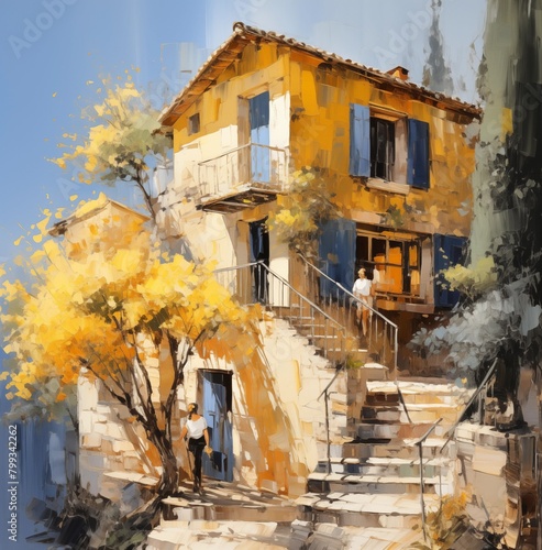 Painting depicting a stunning Mediterranean house and landscape