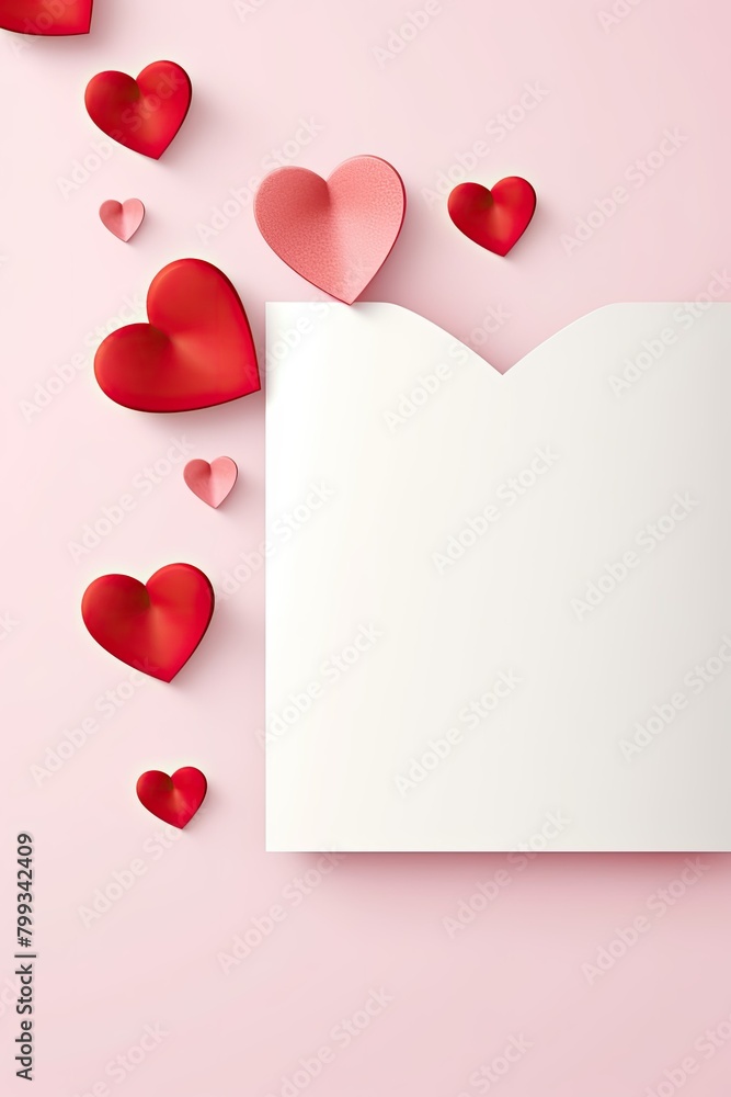open blank notebook surrounded by red hearts on a pink background