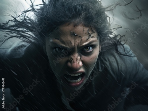 Intense woman with dramatic expression in stormy weather