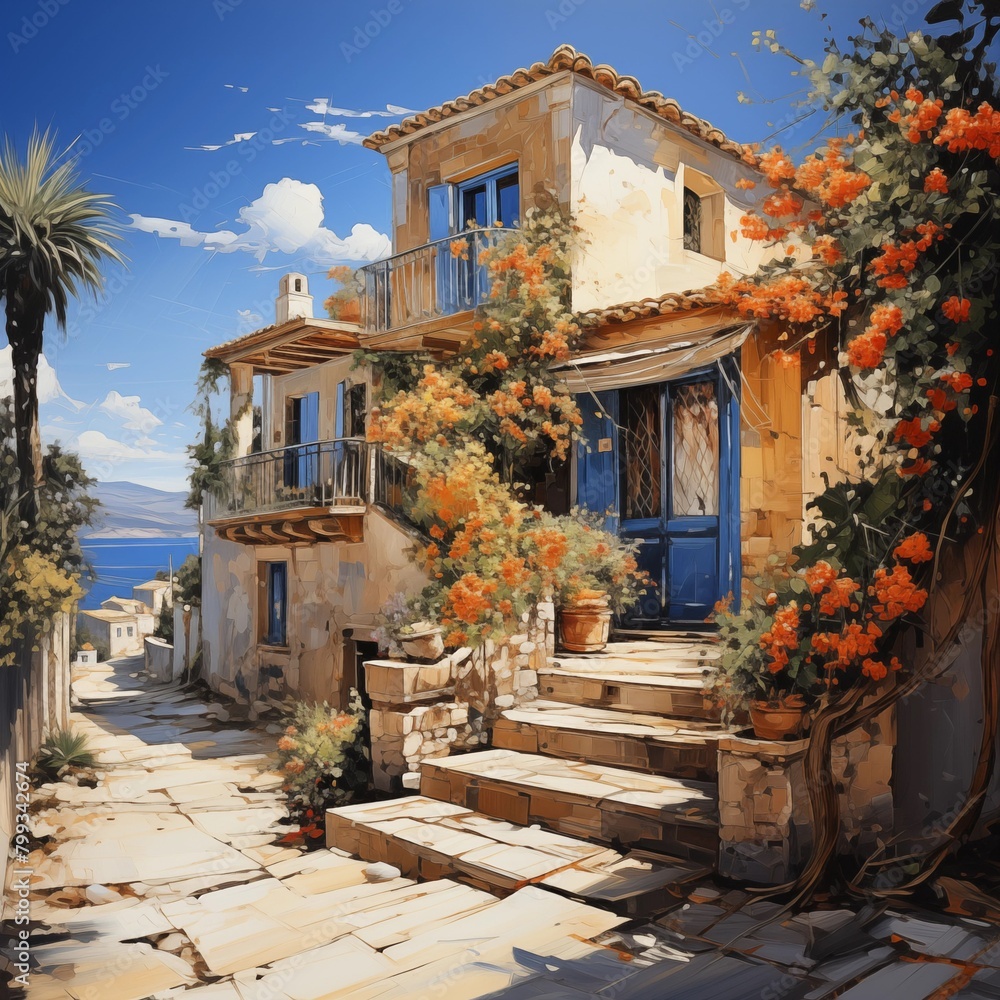 Fototapeta premium Painting depicting a stunning Mediterranean house and landscape