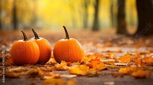 Autumn Pumpkins Surrounded by Fallen Leaves