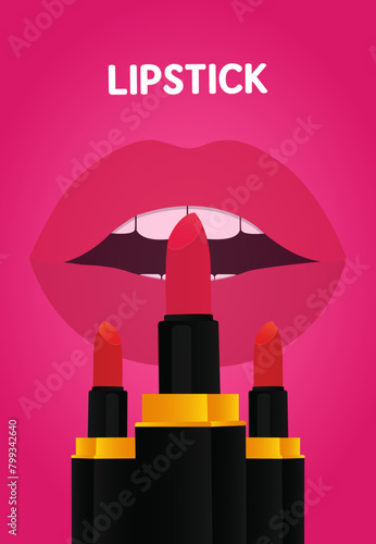 lipstick vector illustration on rosy background.makeup product vector vertical poster design.
