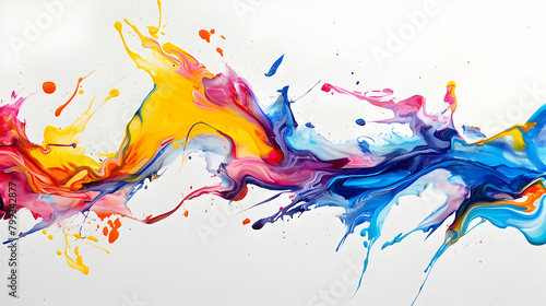 multi-colored splashes of acrylic paints on a white background, background for art courses banner 