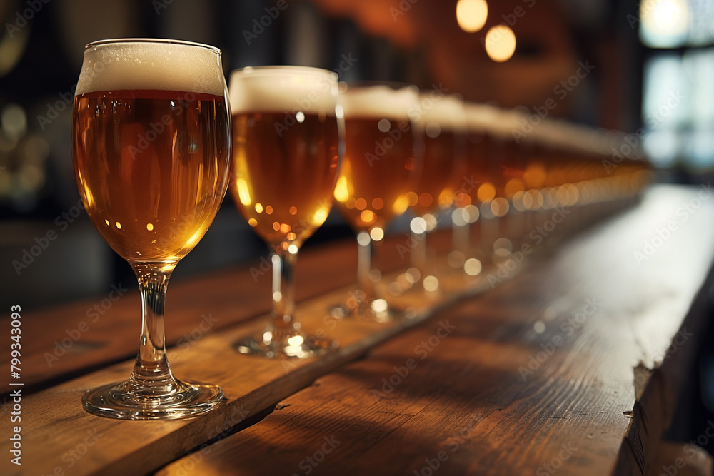 Close up of a rack of different kinds of beers, dark to light, on a table. Selective focus. Image for cafe menu, Banner Close up of a rack of different kinds of beers, dark to light, on a table. Selective focus. Image for cafe menu, Banner