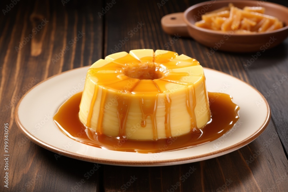 Delicious caramel flan on a wooden table Delicious caramel flan on a wooden table