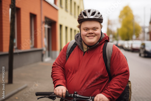 Portrait of young man with down syndrome outdoors. Young man with bicycle on street