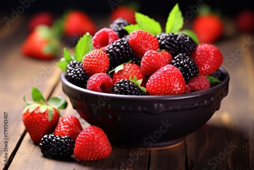 Fresh Berries in a Bowl on a Wooden Table