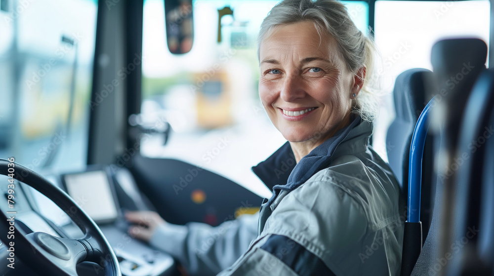 Happy female bus driver at work looking at camera.
