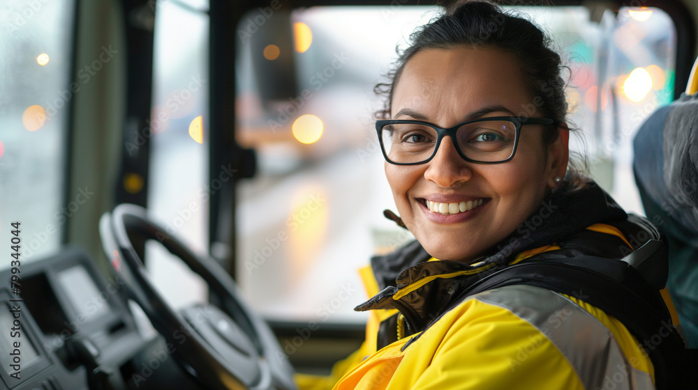 Happy female bus driver at work looking at camera. Happy female bus driver at work looking at camera.