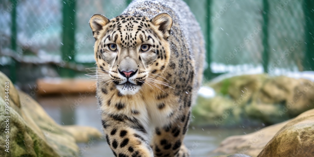 Snow Leopard Approaching in a Snowy Habitat Snow Leopard Approaching in a Snowy Habitat