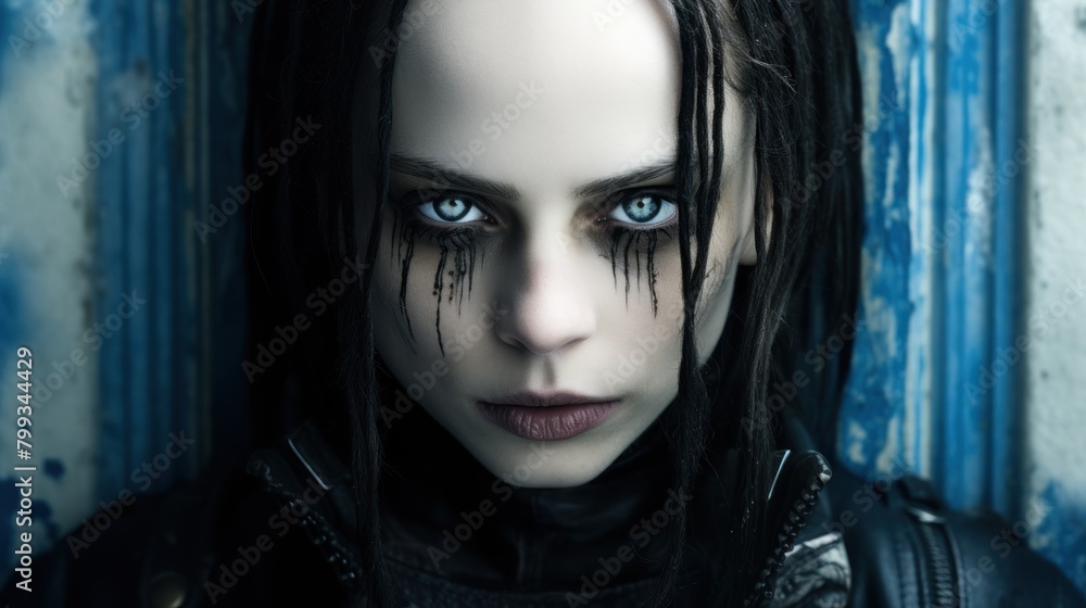 Intense gothic woman with striking blue eyes and black makeup Intense gothic woman with striking blue eyes and black makeup
