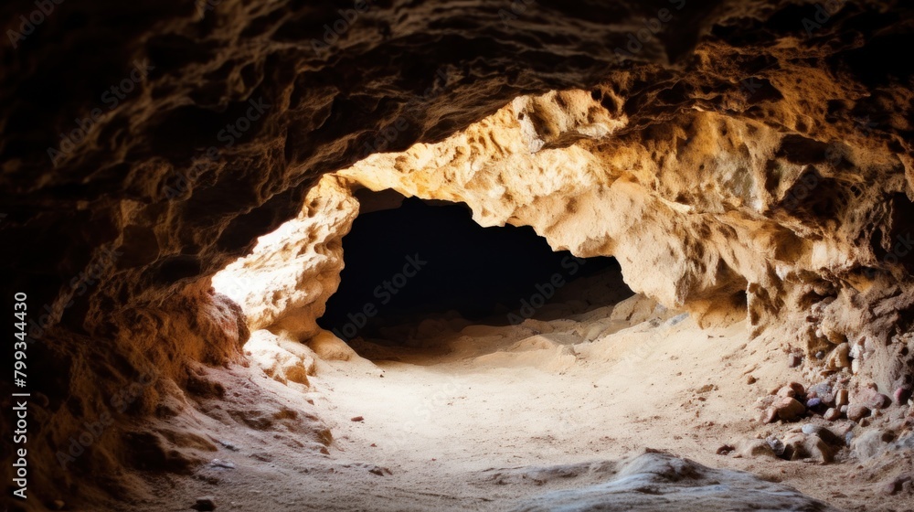 Mysterious cave entrance illuminated by natural light