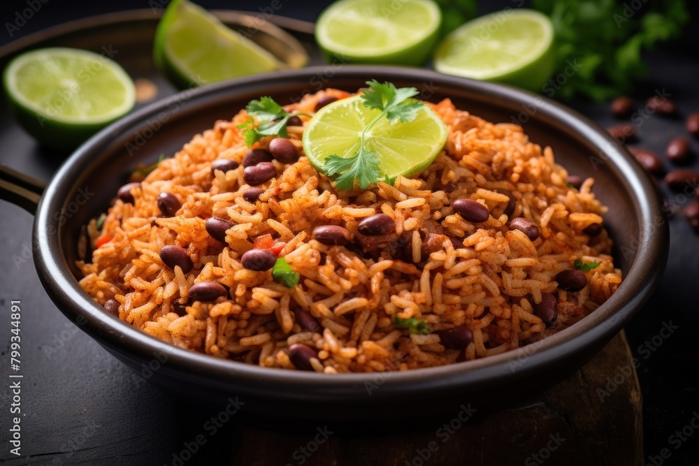 Delicious Mexican rice and beans served in a bowl Delicious Mexican rice and beans served in a bowl