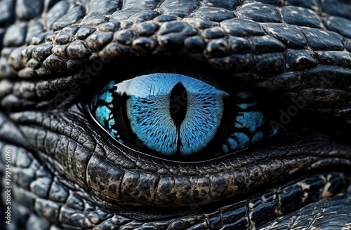 Close-up of a reptilian eye with striking blue iris