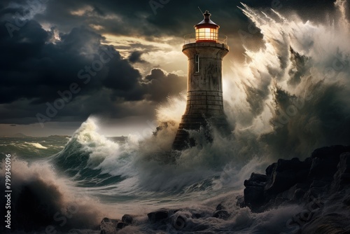 Lighthouse standing strong against stormy sea waves