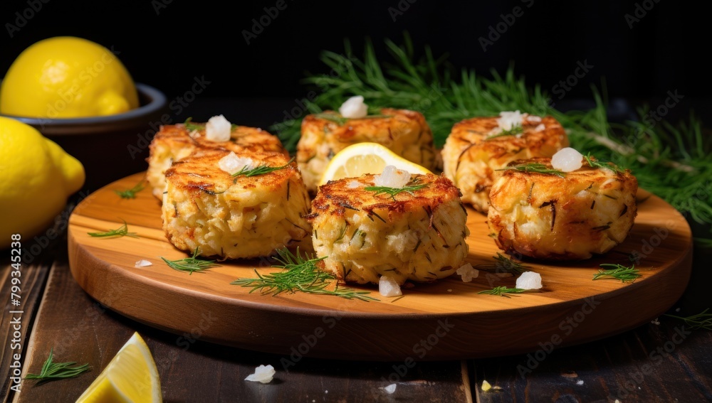 Delicious homemade crab cakes served on a wooden platter Delicious homemade crab cakes served on a wooden platter