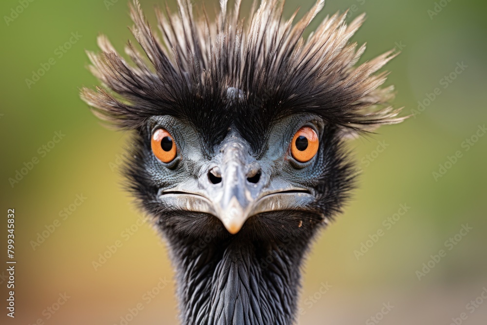 Close-up Portrait of a Curious Emu with Vivid Orange Eyes