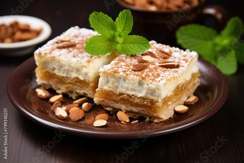 Delicious layered dessert topped with nuts and mint