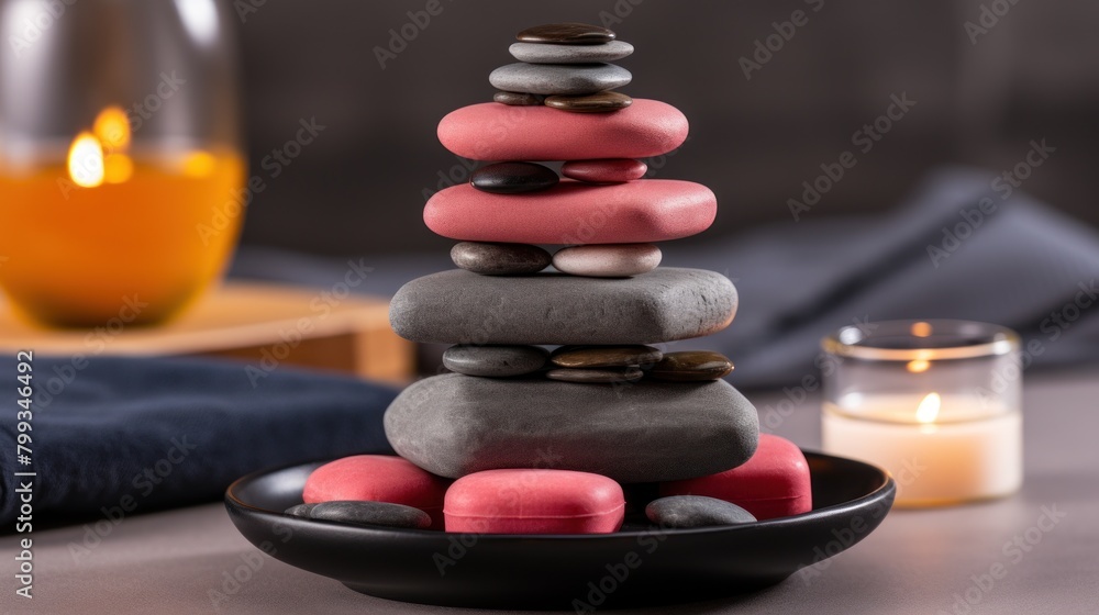 Zen stones stacked in a serene spa setting with candles Zen stones stacked in a serene spa setting with candles