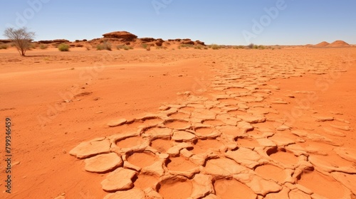 Vast arid desert landscape with cracked soil under a clear blue sky