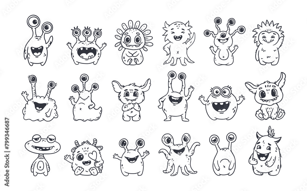Big set of cartoon monsters. Cute monsters doodle. Kids funny character design for posters, cards, magazins. Line.