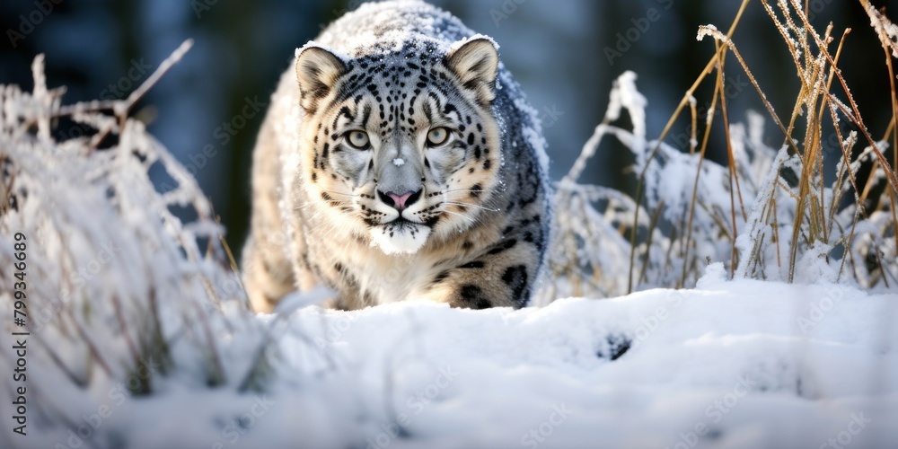 Snow Leopard Stalking in Winter Wonderland Snow Leopard Stalking in Winter Wonderland