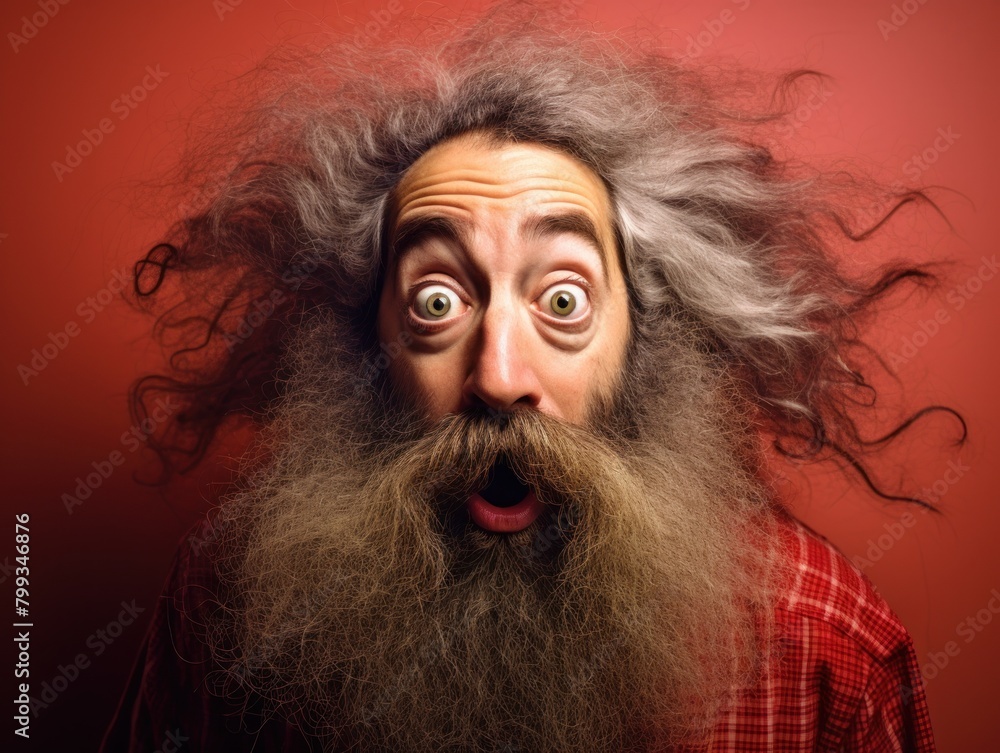Surprised man with wild gray hair and beard on red background