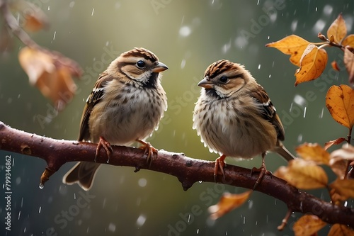 Two tiny amusing birds Under the chilly fall rain, sparrows perch on a limb in the garden and flap their wings.