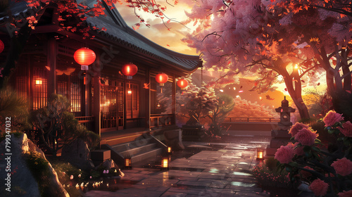 traditional japanese village courtyard city town in the morning wallpaper. buddhist temple shinto shrine. anime comics artstyle. cozy lofi architecture. 16:9 4k resolution. Generative photo