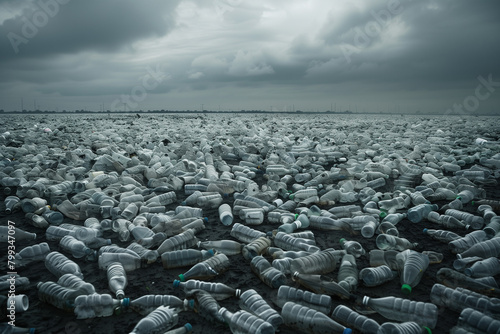 a grey unmoving sea of plastic bottles covering the landю waste, pollution of the oceans, climate change photo