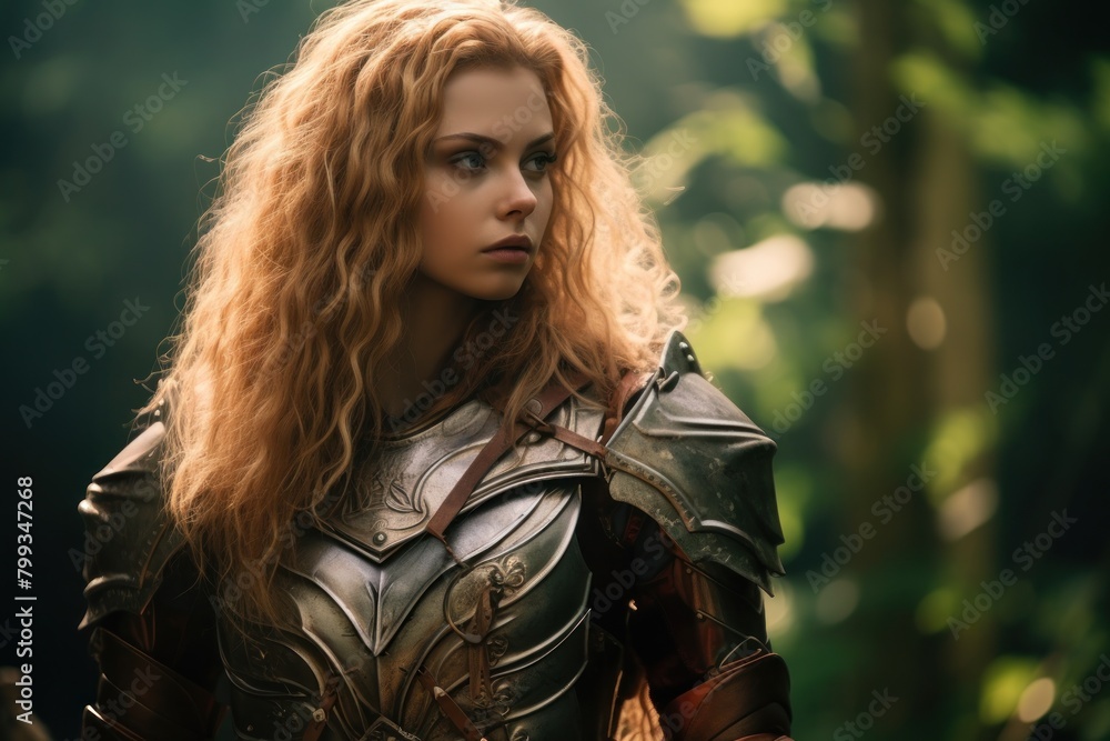 Female warrior in medieval armor standing in a mystical forest Female warrior in medieval armor standing in a mystical forest